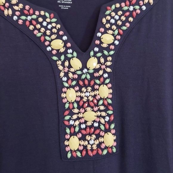 CHARTER CLUB WOMAN BEADED NECKLINE TUNIC BLOUSE TOP- NAVY- SIZE LARGE - Picture 6 of 6